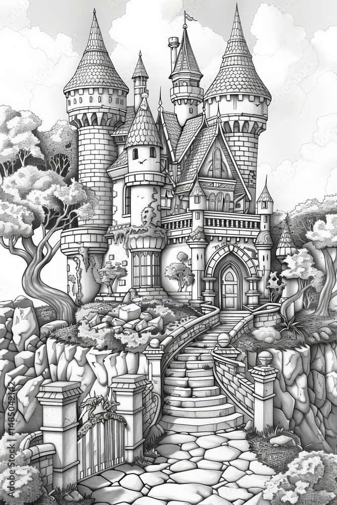 Naklejka premium Kids’ Fantasy Castle Coloring Sheet with Friendly Mythical Creatures
