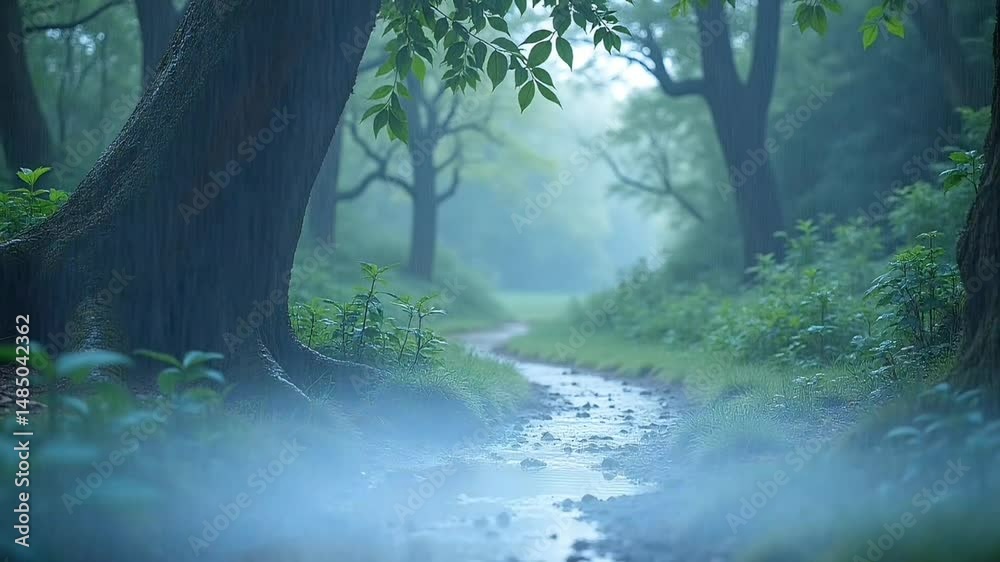 Rain falling on forest path with flowing stream seamless looping 4k time-lapse animation video background