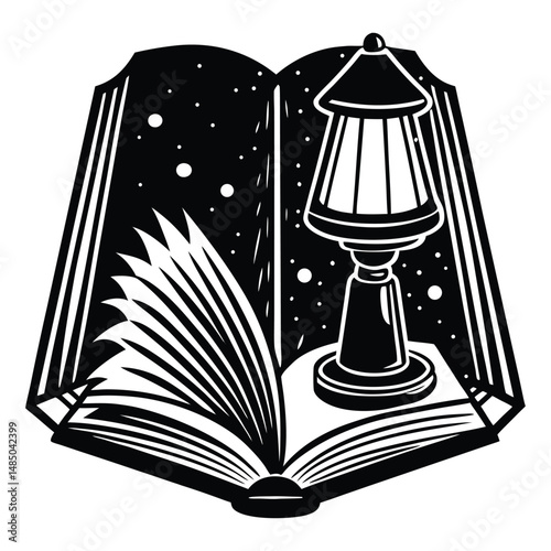 A warm ambiance fills the space as a green lamp casts light on an open book, 