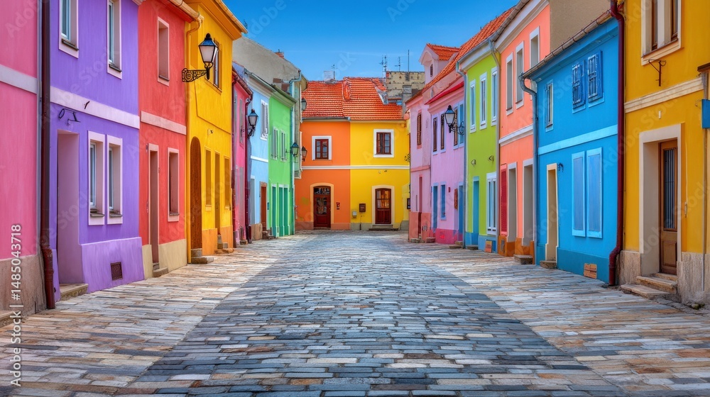 Fototapeta premium Vibrant street view of colorful houses capturing the charm of charming architecture with striking hues of pink blue orange and yellow showcasing a picturesque urban setting filled with