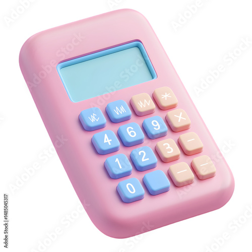 Whimsical, pastel-colored calculator, featuring a light-pink body, light-blue and beige keys, and a light-blue display.  It showcases a modern design.
