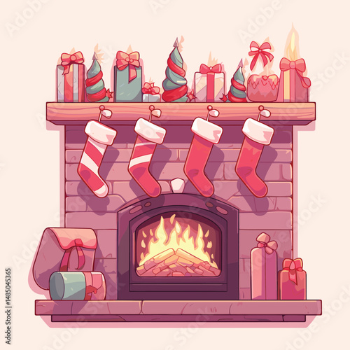 Cozy Christmas Fireplace with Stockings and Gifts