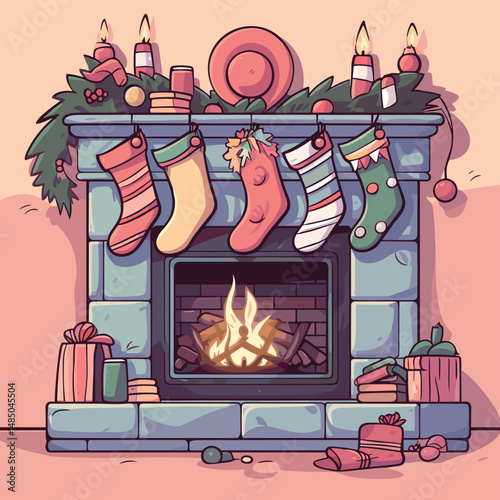 Cozy Christmas Fireplace with Stockings and Gifts