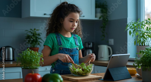 A little kid girl cooking dinner while video calling her family on a tablet, home kitchen, emotion and connection, real-life lighting