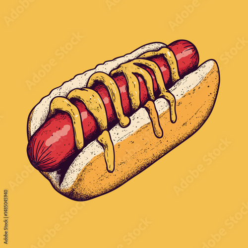 Vintage Hot Dog with Mustard and Ketchup on Bright Background