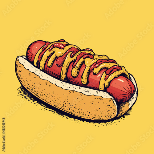 Vintage Hot Dog with Mustard and Ketchup on Bright Background
