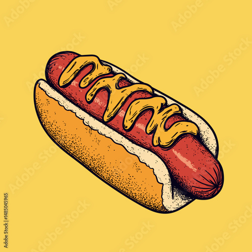 Vintage Hot Dog with Mustard and Ketchup on Bright Background
