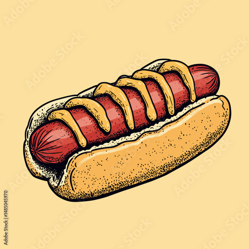 Vintage Hot Dog with Mustard and Ketchup on Bright Background