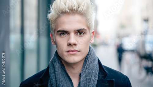 Stylish Young Man with Platinum Blond Hair and Gray Scarf