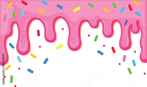Pink ice cream melted with colorful cute candy sprinkles long border, banner seamless pattern, vector white background