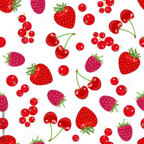 Red berry background. Seamless pattern with strawberry, raspberry, cherry and redcurrant. Vector cartoon flat illustration.