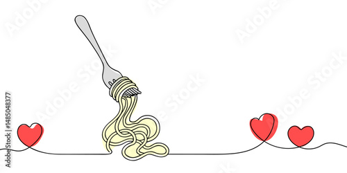 Pasta and spaghetti in One Continuous line drawing. Italy noodle on plate with fork for web banner and food delivery service in simple linear style. Editable stroke. Doodle Vector illustration