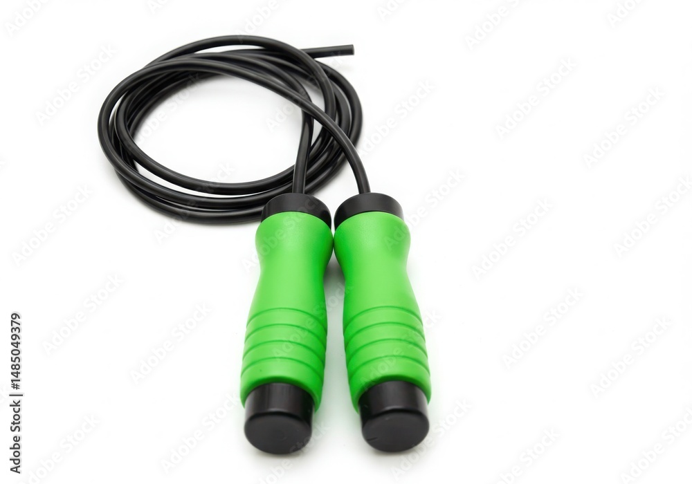 Black jump rope with green handles isolated on white background Black jump rope with green handles isolated on white background
