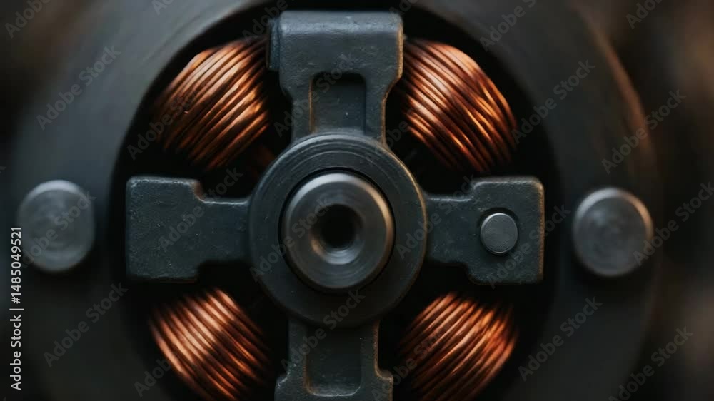 Copper coil and metal rotor in industrial power plant motor part with detailed mechanical structure and power motor engineering design