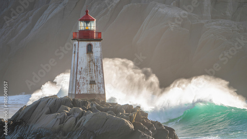 Lighthouse on a rock with an ocean wave