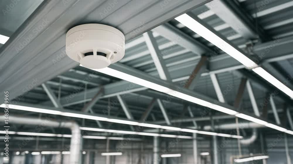 Smoke detector mounted on ceiling in industrial power plant with metal beams and power lines ensuring safety and security