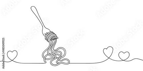 Pasta and spaghetti in One Continuous line drawing. Italy noodle on plate with fork for web banner and food delivery service in simple linear style. Editable stroke. Doodle Vector illustration