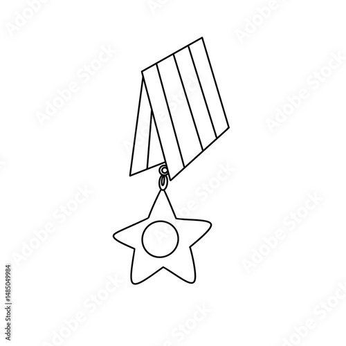 A black and white drawing of a star with a ribbon hanging from it