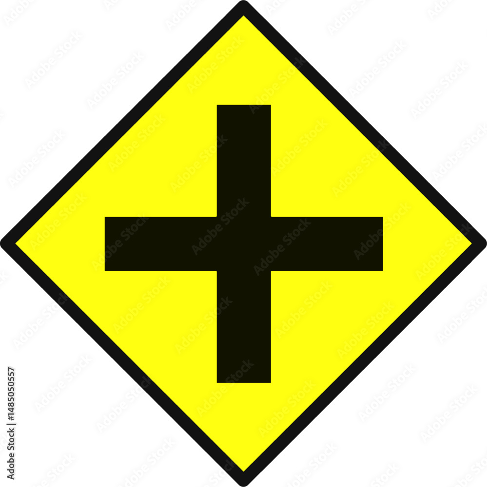 Obraz premium Yellow diamond intersection warning traffic sign. Crossroad symbol used in road safety and transport signage. Flat vector for highway or urban traffic design.