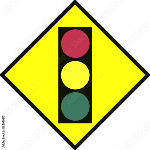 Traffic light ahead warning sign. Yellow diamond road sign with red, yellow, green lights. Traffic signal vector icon for driving, safety, and road signs illustration.
