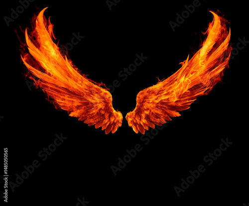 Fiery angel wings made of blazing flames against a dark background, symbolizing power, freedom, rebirth, and mystical energy. The dramatic composition evokes fantasy, mythology.