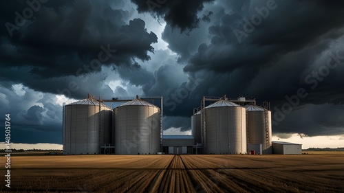 Massive storage silos under a stormy sky 