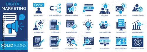 Collection of Digital Marketing icons, related to social media, User engagement, Mobile marketing, Target audience, email Marketing and more. Solid icons vector illustation.