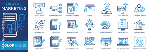 Collection of Digital Marketing icons, related to social media, User engagement, Mobile marketing, Target audience, email Marketing and more. Outline  color icons vector illustation.