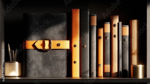 Stylish Leather Journal and Organizer with Books on a Shelf