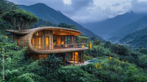 Modern bamboo house in lush mountain landscape at dusk