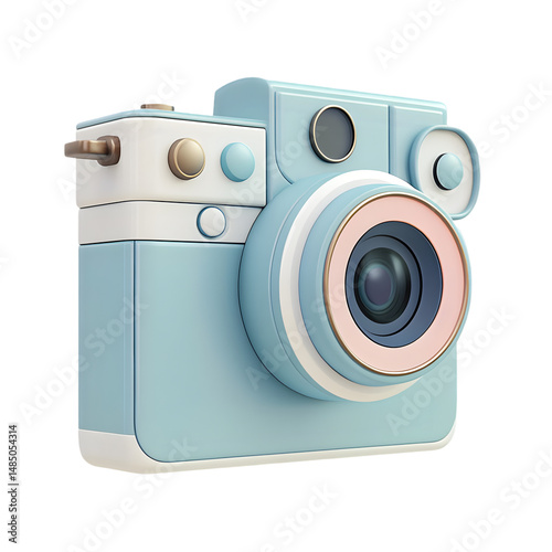Digitally rendered, light blue and pastel-colored camera, with vintage style design elements, presented in a graphic style.