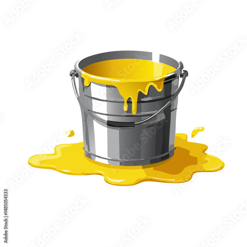 Bucket with yellow paint, paint running out, isolated on transparent background, cut out Vector graphic design