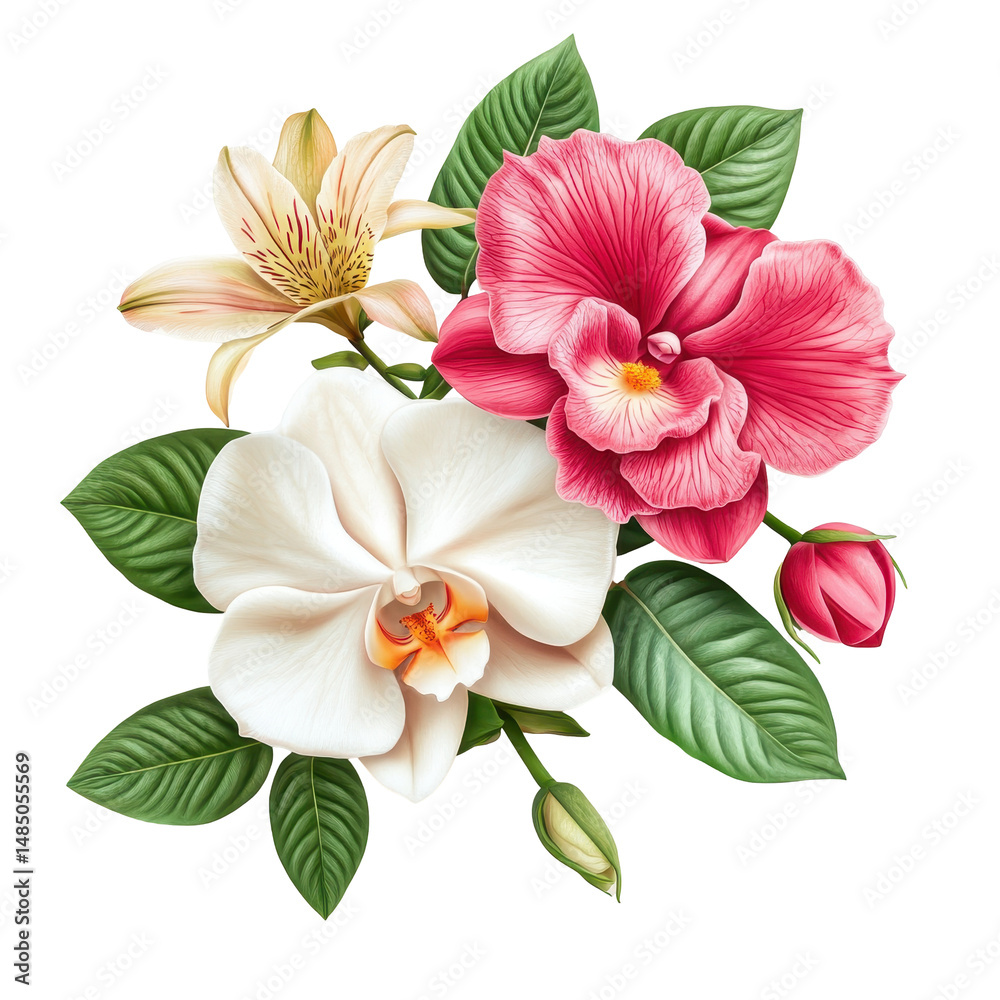 Naklejka premium Beautiful floral arrangement featuring orchids and lilies presented in vibrant colors with detailed foliage