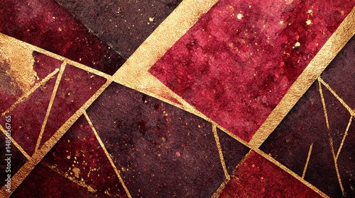 Elegant rich burgundy background with uneven copper foil stripes, geometric line art, and cracked texture for minimalist luxury designs. Perfect for upscale projects.