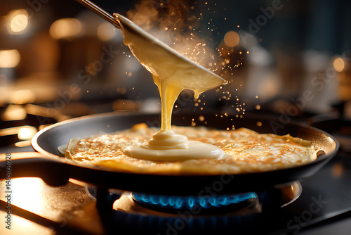 Morning breakfast pancakes sizzling on hot griddle