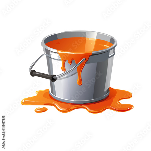 Bucket with orange paint, paint running out, isolated on transparent background, cut out Vector graphic design