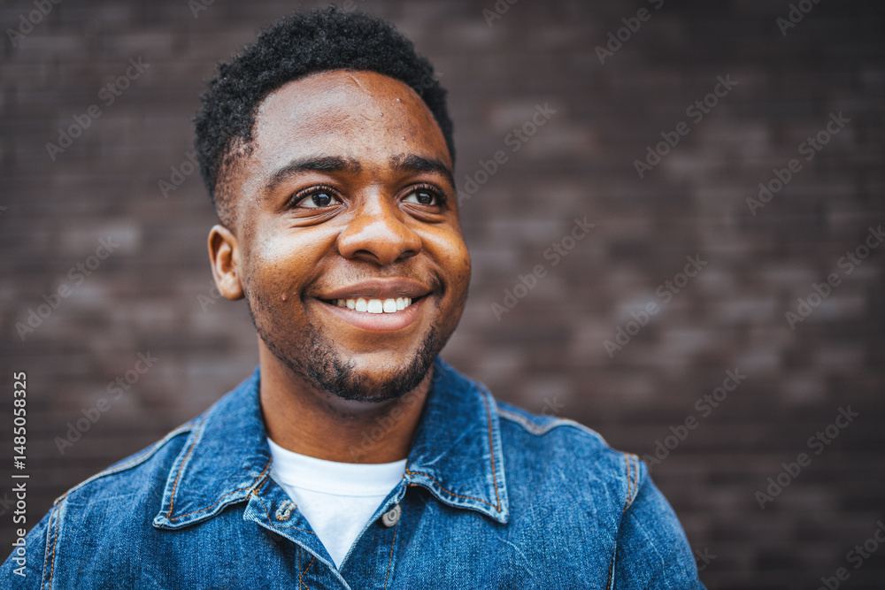 Fototapeta premium Cheerful Man Smiling Against Brick Wall in Casual Denim Jacket