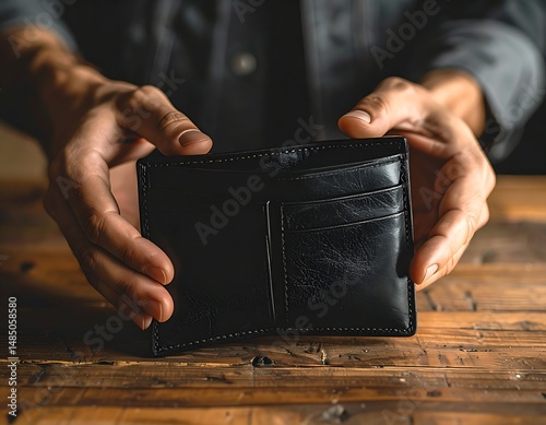 A person holding a black leather wallet over a wooden surface in a well lit environment