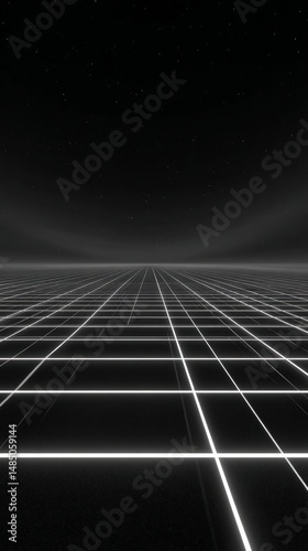Abstract Grid Pattern with Glowing White Lines on Black Background