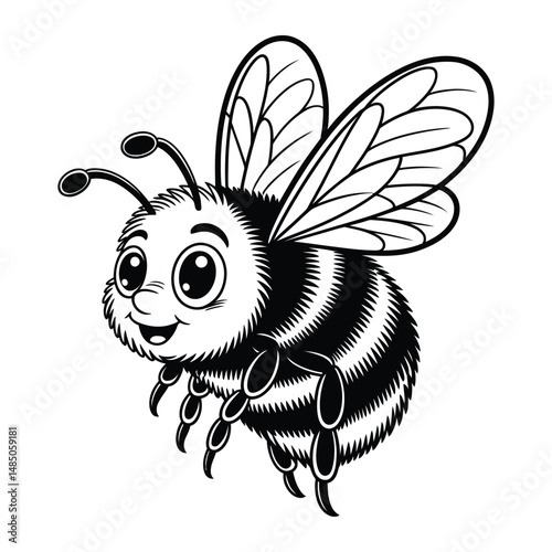 Cute chubby bumblebee Coloring Page, Silhouette, Vector, Illustration, Icon, Logo, White Background.