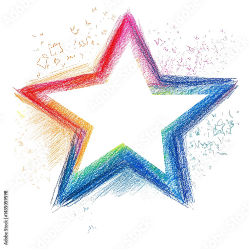 Hand Drawn Vibrant Star Illustration in Rainbow Colors for Holiday Designs .Naive Trendy Patterns