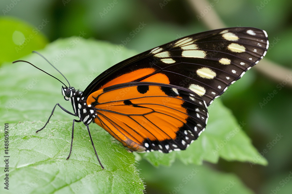 Fototapeta premium Vibrant butterfly resting on green leaf in a lush garden setting during daylight hours