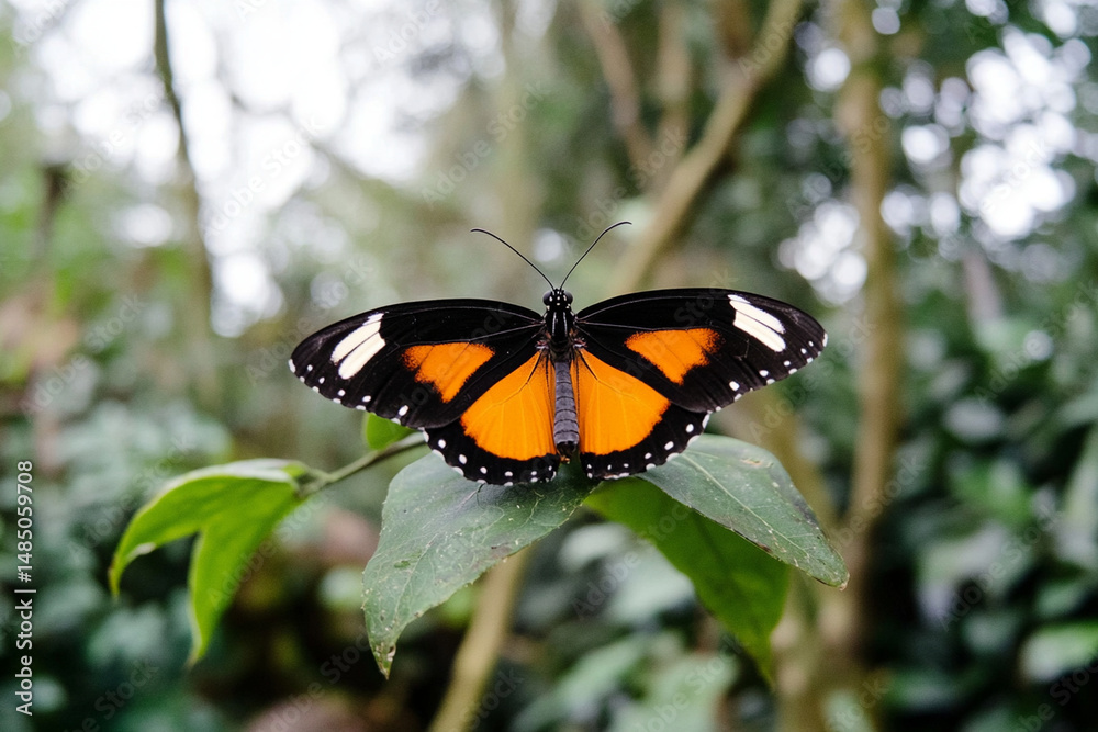 Obraz premium Colorful butterfly resting gracefully on a vibrant green leaf in a serene garden