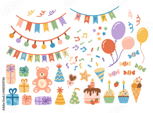 Colorful cute birthday party set of elements isolated. Concept of celebration fun. Hand-drawn vector illustration in flat style.