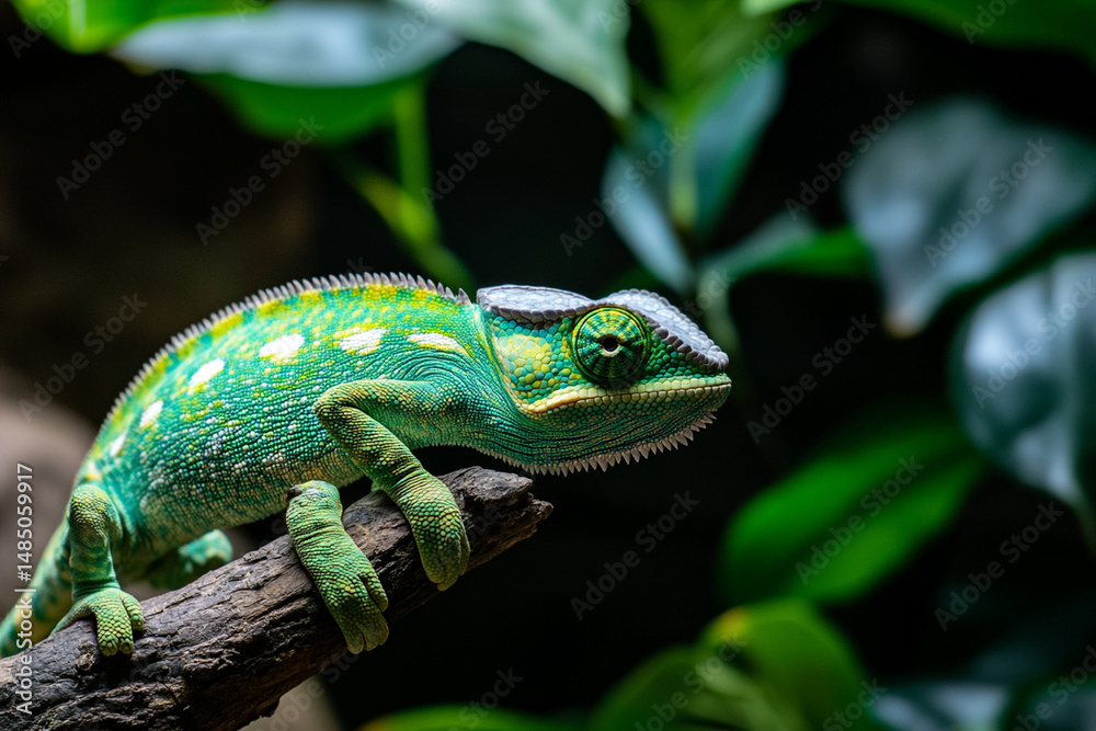 Fototapeta premium Chameleon displaying vibrant color changes while perched on a branch in a rich green environment
