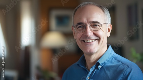 Smiling middle-aged man wearing glasses and blue shirt indoors