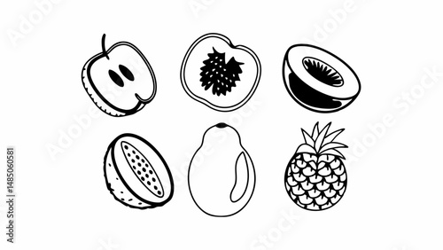 Illustration of six different types of fruit cut in half in a black and white line drawing style created with generated ai