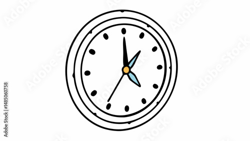 Illustration of a clock with black outline and hands showing the time with a blue accent hand created with generated ai