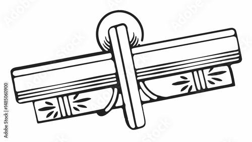 Illustration of a decorative curtain rod with floral accents and a hanging round pull in black and white created with generated ai