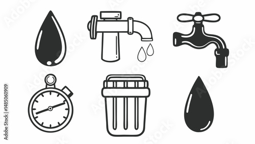 Illustration showing water conservation symbols including water drops, faucets, timer, and water filter created with generated ai